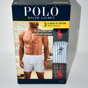 Polo Ralph Lauren Vertical Stripe/Plaid/Stripe & Football Woven Boxer Briefs 3-P